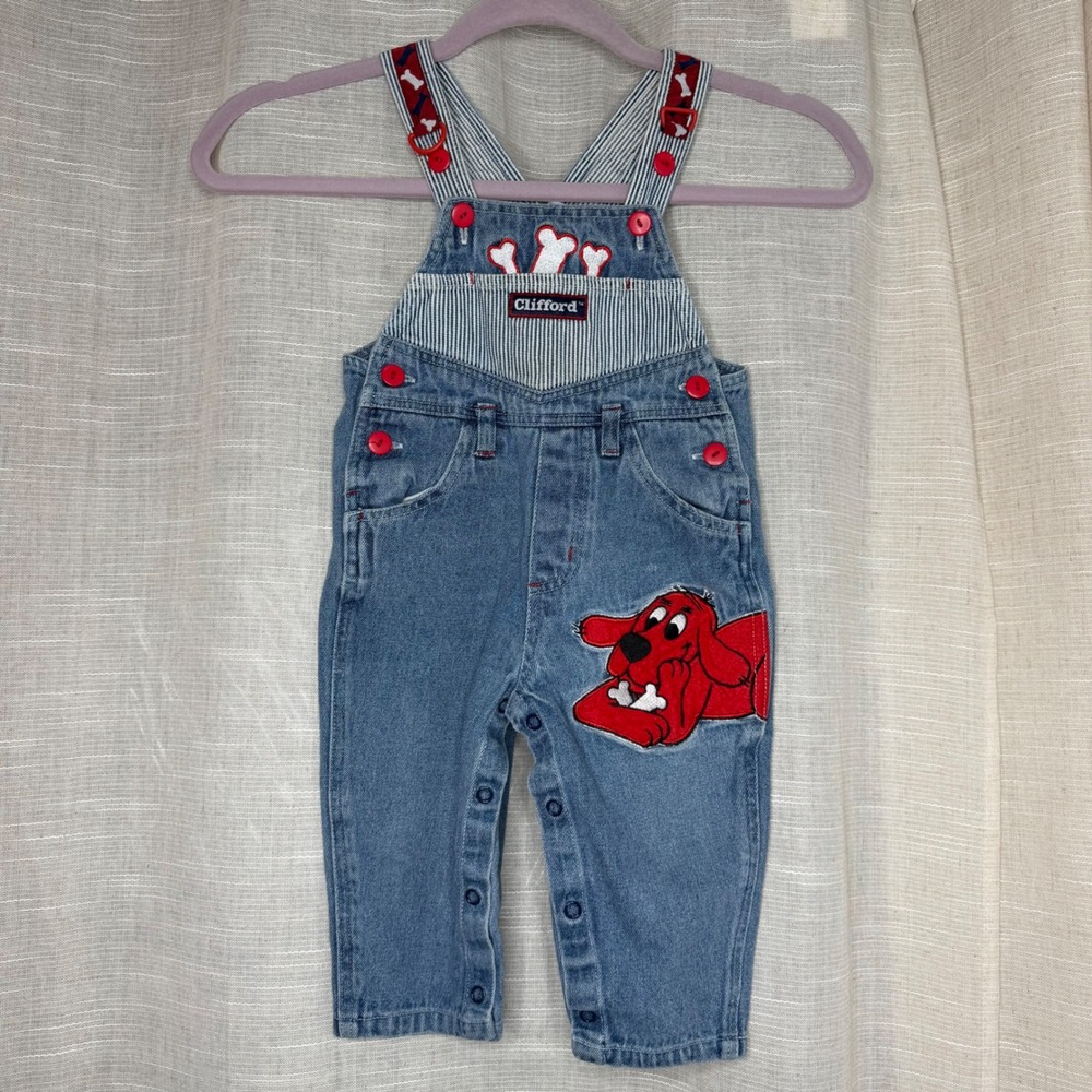 Vintage Clifford The Big Red Dog Denim Hickory Stripe Overalls Blue Baby 18M